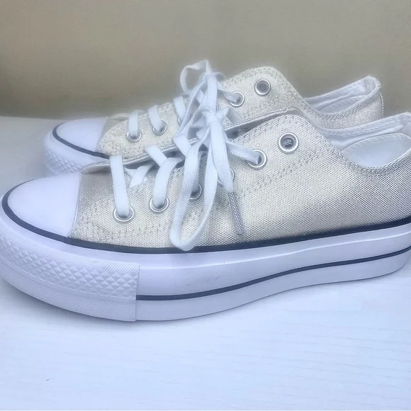 Converse Women's All Star Ox Lift Gold/Cream Sparkling Canvas Platform Sneakers - Picture 9 of 16